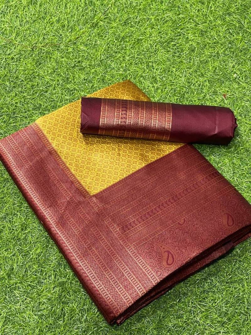 Yellow Woven Faux Faux Kanjivaram Silk Saree With Blouse Piece