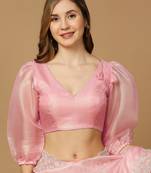 SALWAR STUDIO Women's Pink Puff Sleeve Solid Saree Blouse