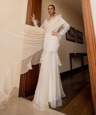Nancy ivory feather ruffle saree 1