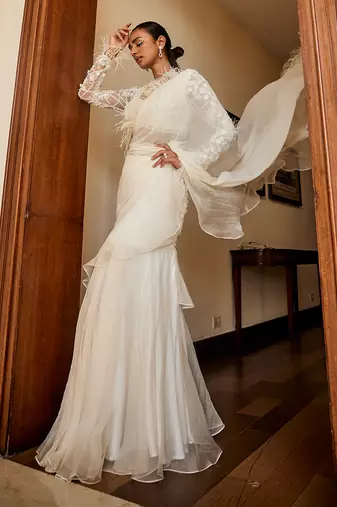 Nancy ivory feather ruffle saree