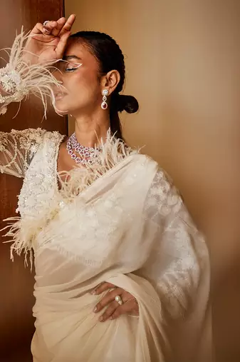 Nancy ivory feather ruffle saree