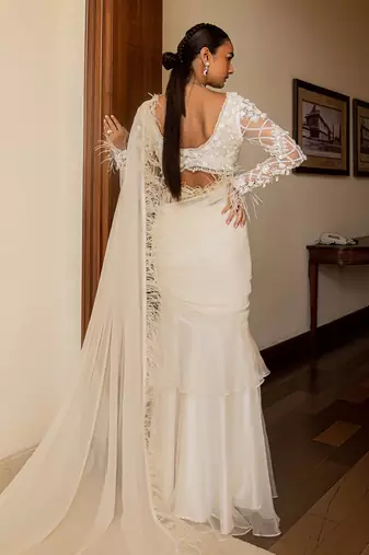 Nancy ivory feather ruffle saree