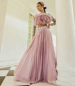 Ambre Lilac Feather Blouse & Skirt Set