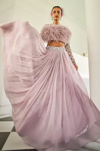 Ambre Lilac Feather Blouse & Skirt Set