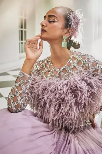 Ambre Lilac Feather Blouse & Skirt Set