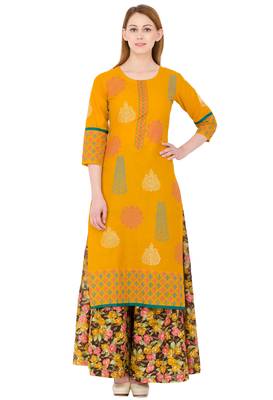 Mustard printed cotton long kurtis 2