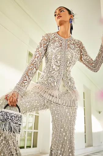 Aline snowbelt grey kurta, jacket & sharara set