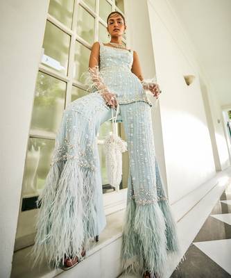 Blue Satin Sequin Palazzo Set 1
