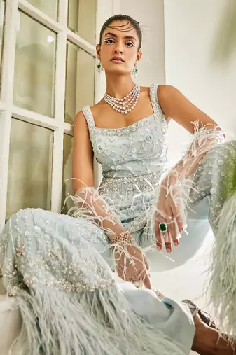 Blue Satin Sequin Palazzo Set