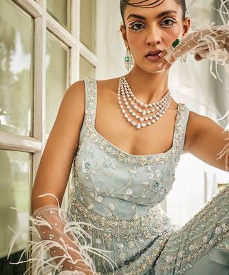 Blue Satin Sequin Palazzo Set 4