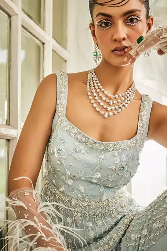 Blue Satin Sequin Palazzo Set