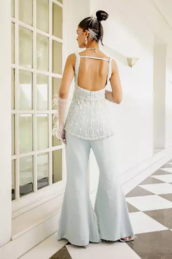 Blue Satin Sequin Palazzo Set