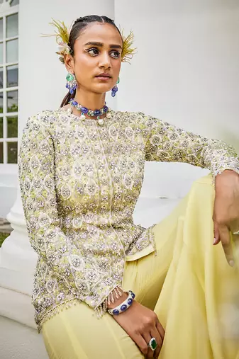 Annabelle yellow embroidered jacket & sharara set