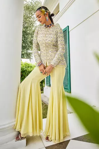 Annabelle yellow embroidered jacket & sharara set