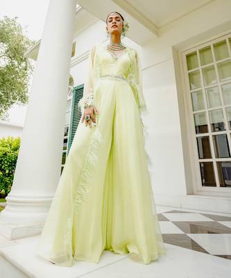 Sylvie butterfly green feather jacket jumpsuit 1