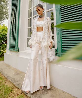 Blanche lily white feather pant set 1