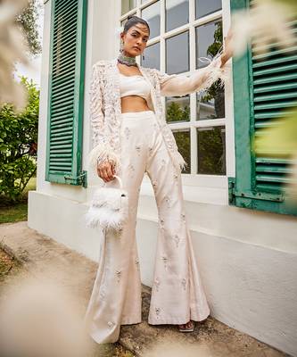 Blanche lily white feather pant set 3