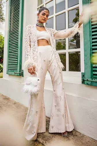 Blanche lily white feather pant set