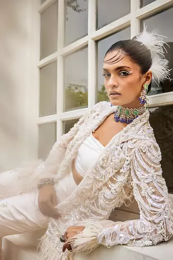 Blanche lily white feather pant set