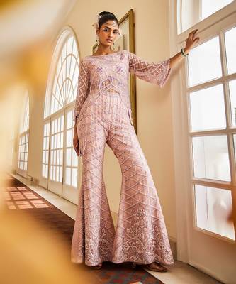Vivienne pink asymmetrical cape top & pants set 1