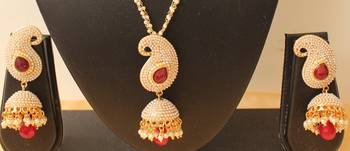 Lovely Designer Pearl Finish Red Mango Pendant Necklace With Jhumka 1