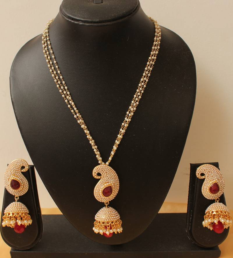 Lovely Designer Pearl Finish Red Mango Pendant Necklace With Jhumka
