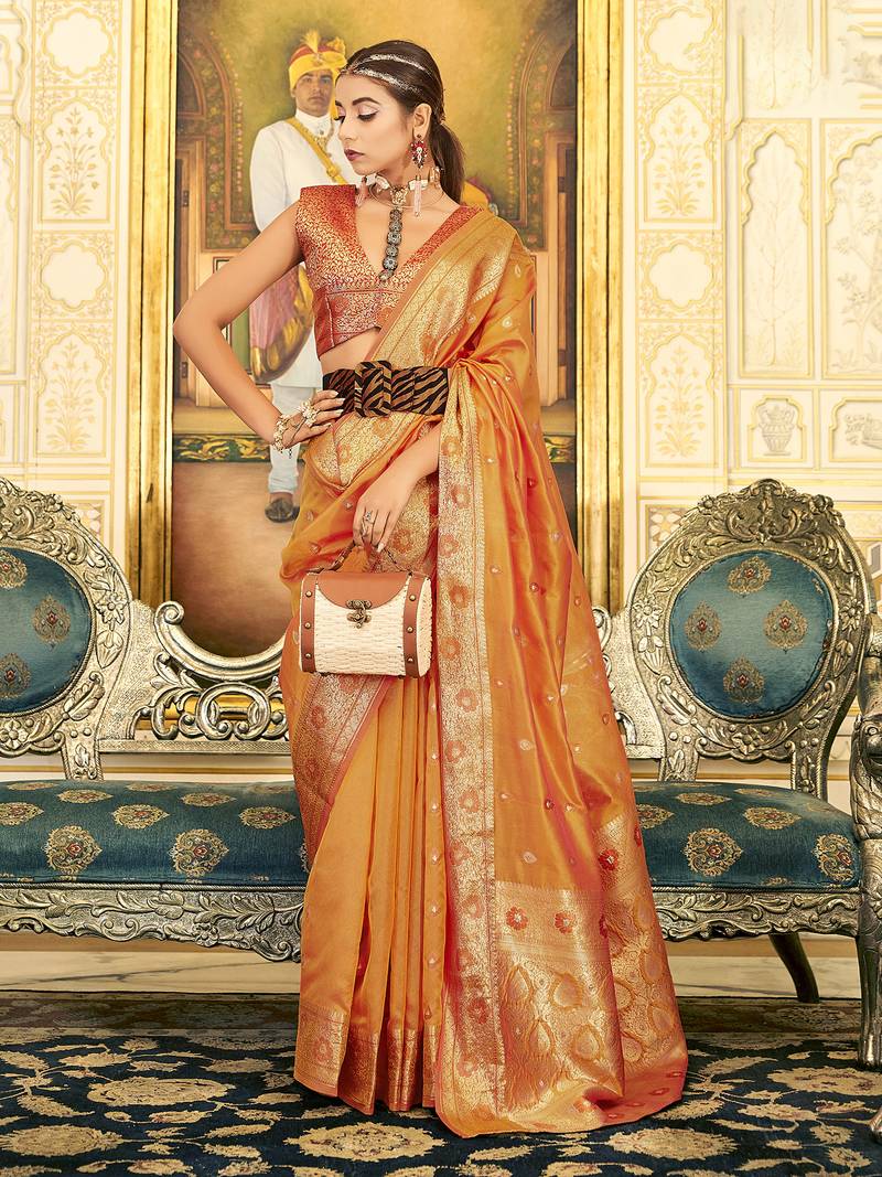 Elora soft organza silk with copper zari weaving saree (light orange)