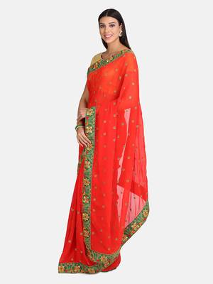 Red embroidered georgette saree with blouse 5