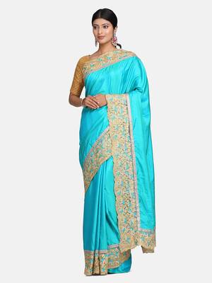Turquoise embroidered art silk saree with blouse 1