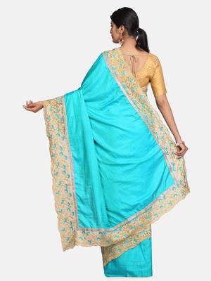 Turquoise embroidered art silk saree with blouse 3