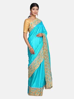 Turquoise embroidered art silk saree with blouse 4