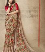 Brown printed linen cotton saree with blouse