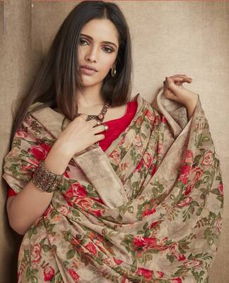 Brown printed linen cotton saree with blouse 3