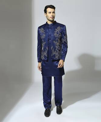Navy blue embroidered bandhgala set 1