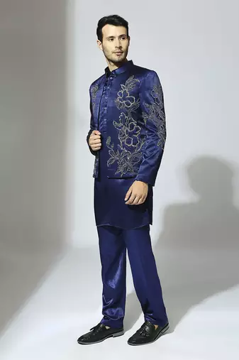 Navy blue embroidered bandhgala set