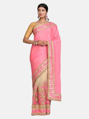 Pink embroidered georgette saree with blouse 1