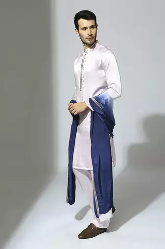 Lilac embroidered kurta set with blue dupatta