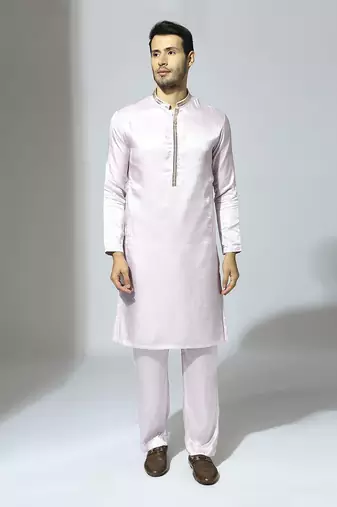 Lilac embroidered kurta set with blue dupatta