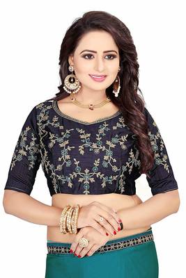 Navy blue embroidered georgette saree with blouse 5