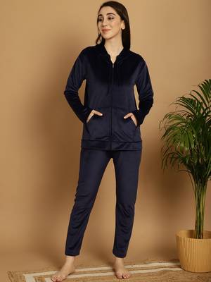 Women Solid Navy Blue Velvet Night Suit Set 1