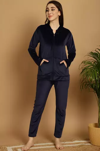 Women Solid Navy Blue Velvet Night Suit Set