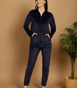 Women Solid Navy Blue Velvet Night Suit Set