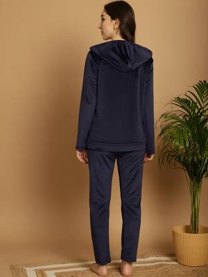 Women Solid Navy Blue Velvet Night Suit Set 2