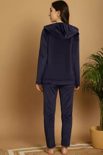 Women Solid Navy Blue Velvet Night Suit Set