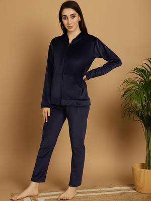 Women Solid Navy Blue Velvet Night Suit Set 3