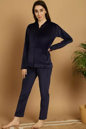 Women Solid Navy Blue Velvet Night Suit Set