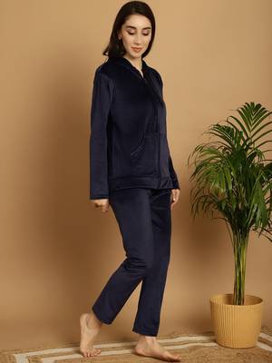 Women Solid Navy Blue Velvet Night Suit Set 4
