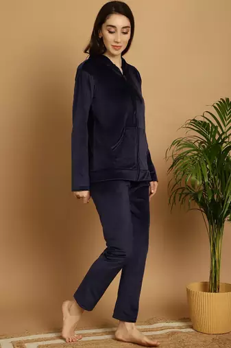Women Solid Navy Blue Velvet Night Suit Set