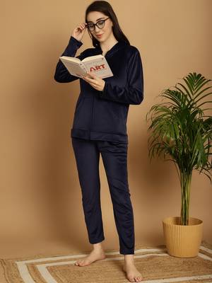 Women Solid Navy Blue Velvet Night Suit Set 5