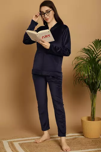 Women Solid Navy Blue Velvet Night Suit Set